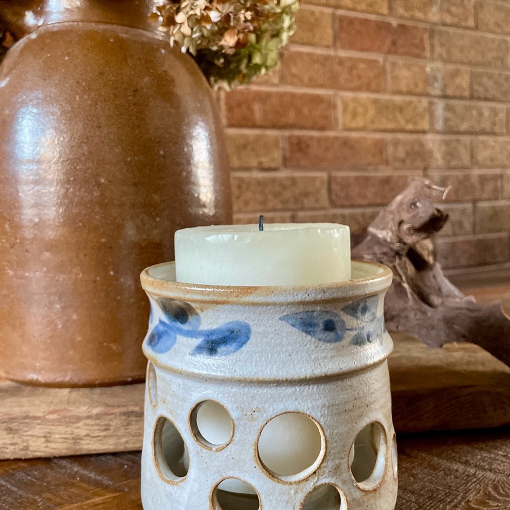 Handcrafted Ceramic Candle Holder - Blue and Cream. Artist Signed